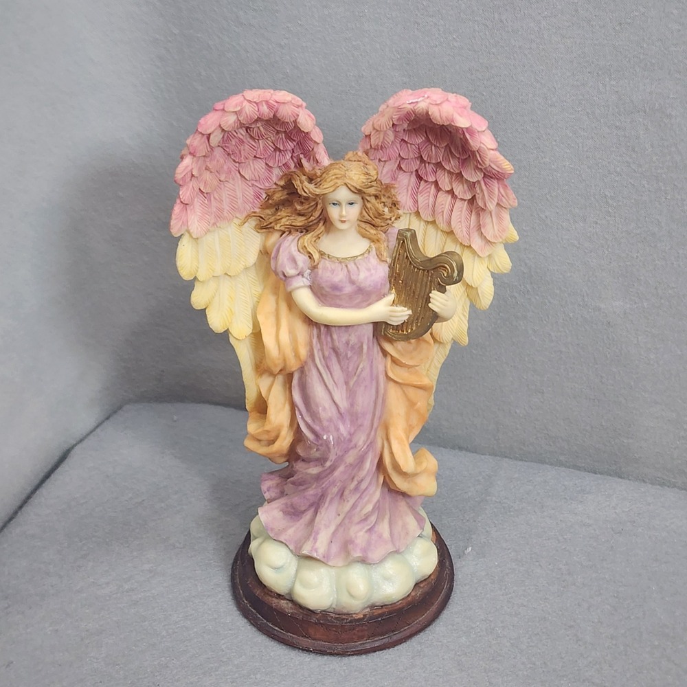 Vintage Angel Musical Figurine Pink Wings Harp Resin Statue 9.5in WORKS
